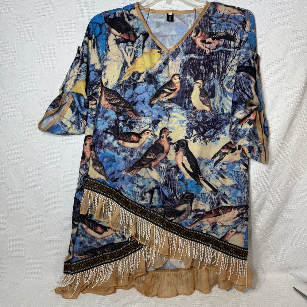 Vintage Bird Print Tunic XXL Satin Asymmetrical Tulip Hem Fringe Boho Nature